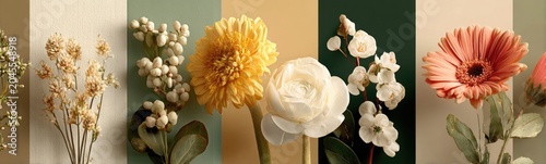 Many different types of flowers in vases on the wall plant background banner