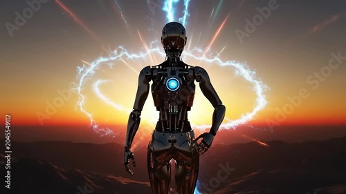Robot standing in front of sunset.