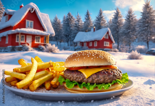 Hamburger against winter house. Food delivery.