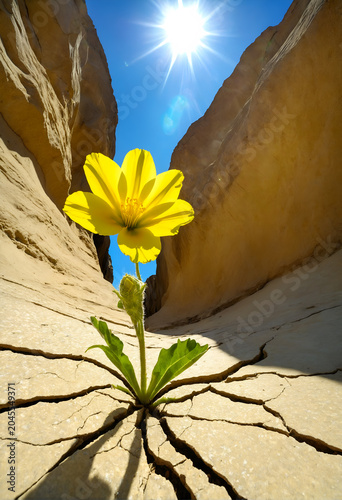 Lonely yellow flower growing on dried cracked soil. Climate change. Generative
