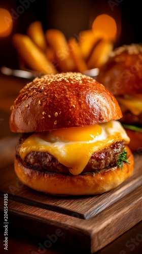 A delicious meal consisting of a classic juicy beef hamburger with a fried egg and melted cheese, and crispy French fries, served on freshly buns.