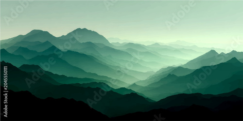 Photos Misty mountain range shrouded ethereal atmospheric haze, layers peaks fading distance, invoking sense of serene majesty and timeless grandeur
