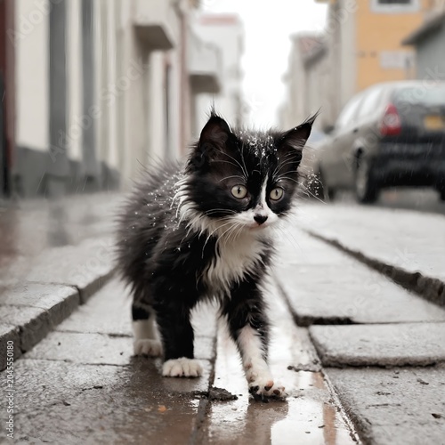 Sad little homeless kitten on city street