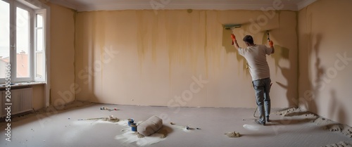 Man painting wall in an empty living room during renovation. Generative AI