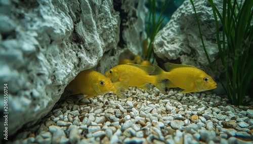 African Cichlid community tank with colorful yellow and blue fish among limestone caves. Generative AI
