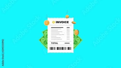 Invoice animation with coins and bills against a vibrant blue background. Simple, flat design emphasizes finance or payment themes. Ideal for business, accounting, or e-commerce visuals