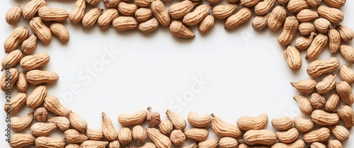Peanuts on white. Frame form copy space. Top view flat lay