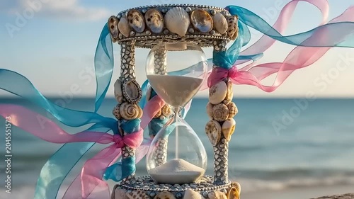 Seashell hourglass on sandy beach shore.