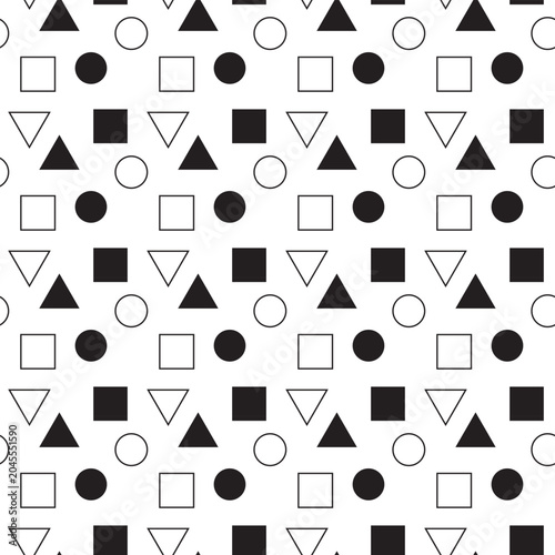 Geometric shapes: squares, circles, triangles on a white background. Vector illustration.