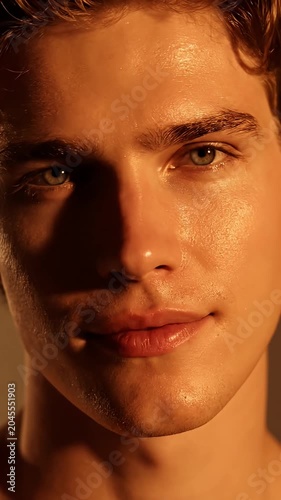Young man with healthy skin in warm sunlight.