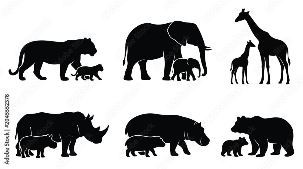 Fototapeta premium Black silhouettes of various animals with cubs 