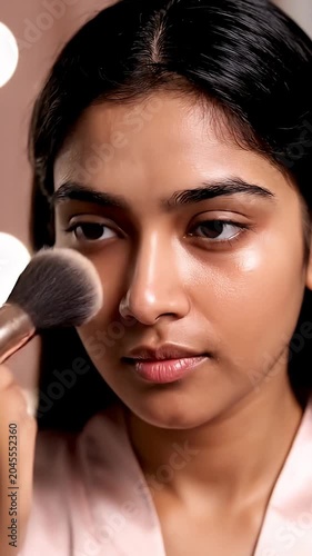 Young woman applying makeup with brush to her face