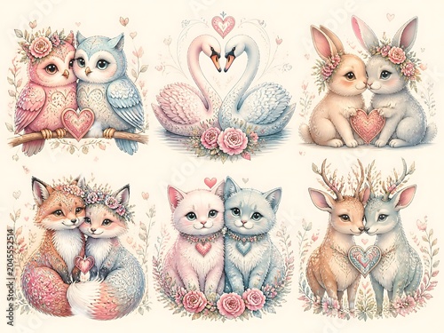 surreal fantasy illustration featuring a set of love themed animals with delicate lines