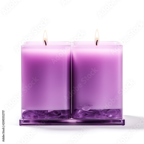 Two square purple candles burning in glass holder with crystals.
