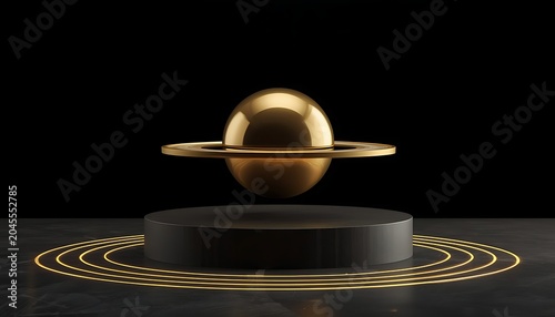 Minimalist luxury podium with floating metallic gold sphere and ring for product display