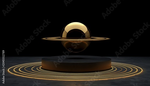 Minimalist luxury podium with floating metallic gold sphere and ring for product display