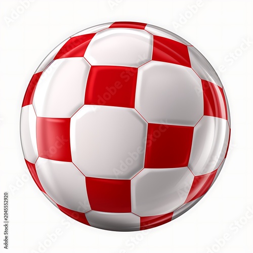 Shiny red and white checkered soccer ball isolated on a clean white background, digital rendering.