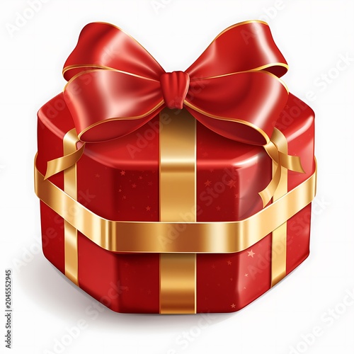 Beautiful red hexagonal gift box adorned with a rich golden ribbon and bow, isolated on white.