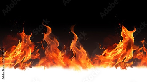 Orange and yellow realistic fire flames on a dark black background with smoke and sparks.