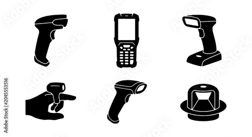Barcode scanner vector icons, handheld and stationary barcode readers, black silhouette collection