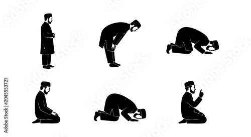 Fotografía Islamic Prayer Rituals, Muslim Man Performing Salat, Six Stages of Namaz, Vector