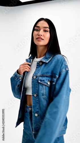 Young woman posing in denim jacket and jeans against white.