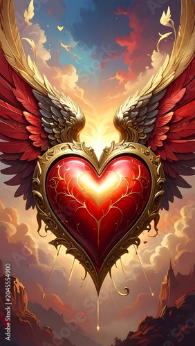 A vibrant, detailed illustration featuring a large, ornate heart with golden wings, set against a sunset sky