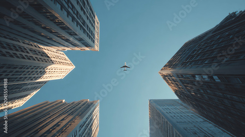low-angle shot skyscrapers, airplane overhead