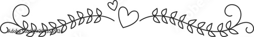 Floral heart divider line art illustration. Romantic botanical decorative border design.