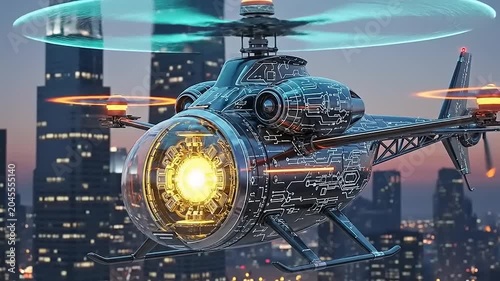 Futuristic Helicopter Flying Over Cityscape at Dusk.