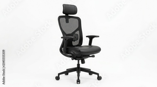 Black leather office chair isolated on white background with modern business design and wheels