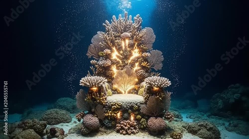 Underwater coral reef with glowing light.