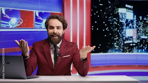 Foto TV program host presenting world news on late night talk show, discusses about daily events broadcasting from studio