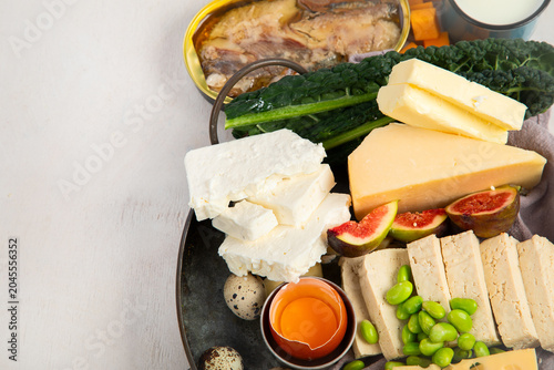 Assortment of food sources rich in calcium.