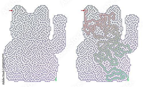 Logic game with labyrinth featuring Maneki-neko design and solution paths  