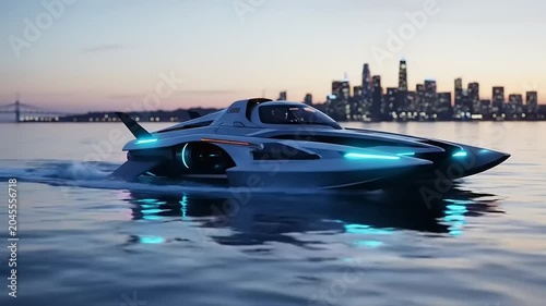 Futuristic Hydrofoil Boat Gliding Across Water with Cityscape in Background at Dusk.