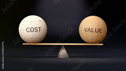 Value and cost in balance - balancing stones on a scale symbolizing harmony, equity and equilibrium between cost and value. Harmonious and beneficial situation. ,3d illustration