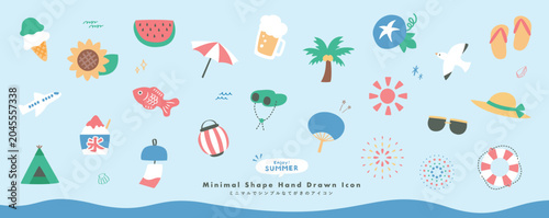 日本の夏のイラスト_和風の手書きフラットイラスト・海、祭り、花火、夏休みアイコン
