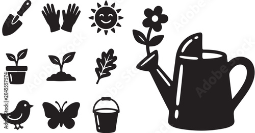 Gardening tools and icons for planting flowers outside