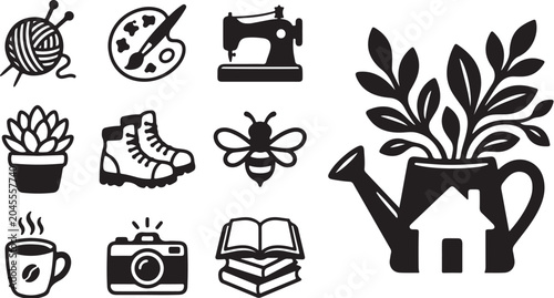 Black and white icons of various household items