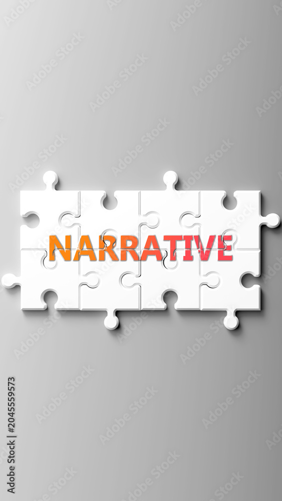 Fototapeta premium Narrative complex like a puzzle - pictured as word narrative on a puzzle pieces to show that narrative is complex and needs cooperating pieces that fit together. ,3d illustration