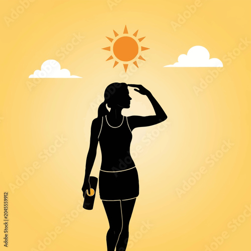 Silhouette of an active woman wearing a tank top and skirt holding a yoga mat while looking towards the horizon under a bright sun and clouds on a yellow gradient background.