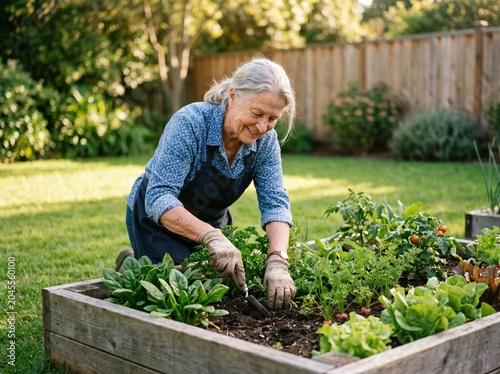 Active senior female checking on organic green vegetables in a raised planter box