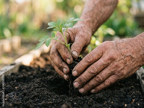 Close-up shot of an older person planting a green sprout in a garden bed