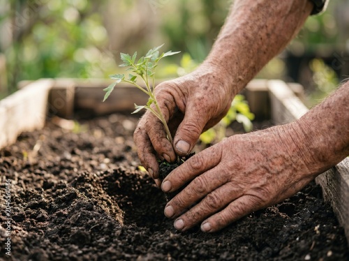 Farmer using rough weathered hands to plant a young vegetable seedling outside