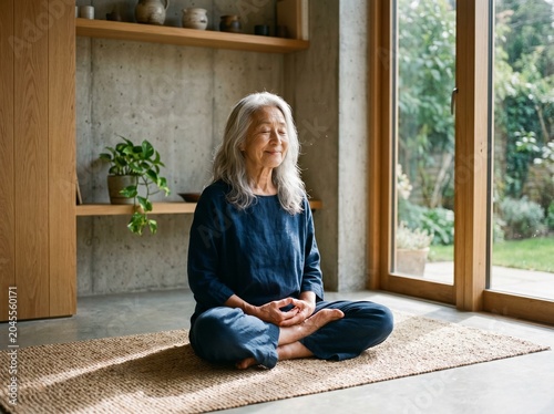 Smiling elderly woman doing yoga and breathing exercises at home on the floor