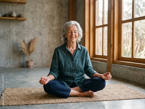 Happy senior woman meditating cross legged on a rug in a bright room