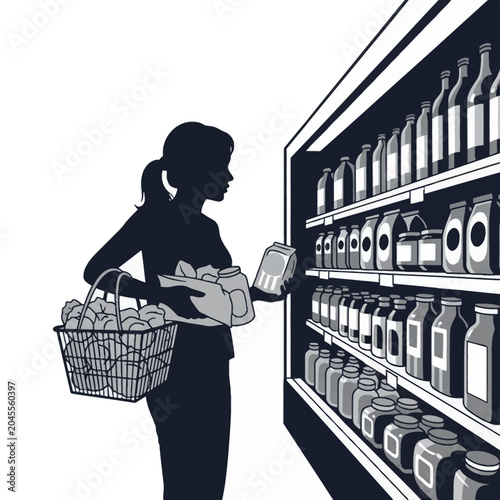 Black and white vector illustration of a woman silhouette shopping in a grocery store, carrying a wire basket with produce and selecting a package from a shelf stocked with jars.