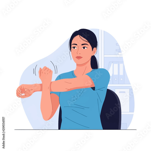 Vector illustration of a young woman sitting at an office desk performing shoulder and arm stretches to prevent repetitive strain injury and carpal tunnel syndrome during a work break.