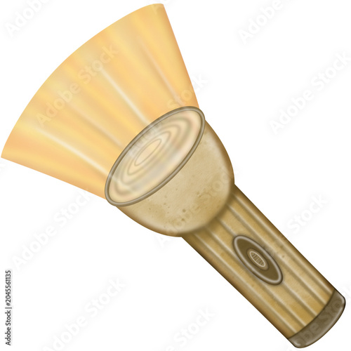 Cartoon style brown flashlight emitting bright light, for outdoor. Tourism protection. Adventure, hiking.	